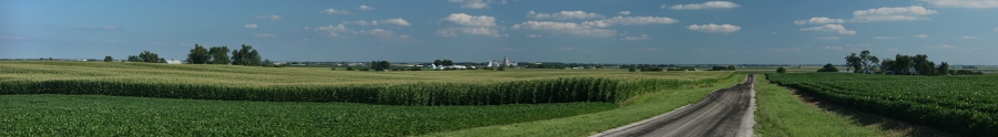 Cultivated fields and a rural road beneath a summer sky